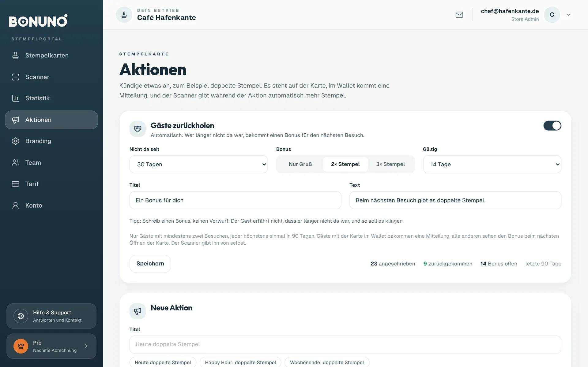Aktionen und Gäste zurückholen im Portal