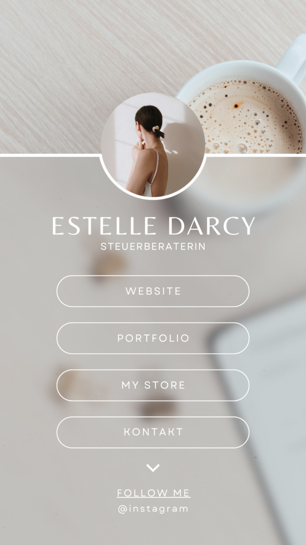 Digitale Visitenkarte von Estelle Darcy, Steuerberaterin, mit Kontakt-Buttons und minimalistischem Design in Beigetönen