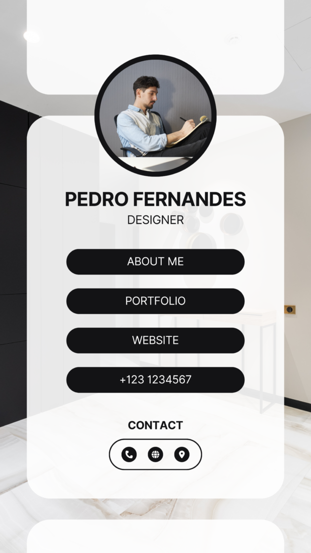 Digitale Visitenkarte von Pedro Fernandes, Designer, mit Porträtfoto, Kontaktbuttons und stilvollem Schwarz-Weiß-Design