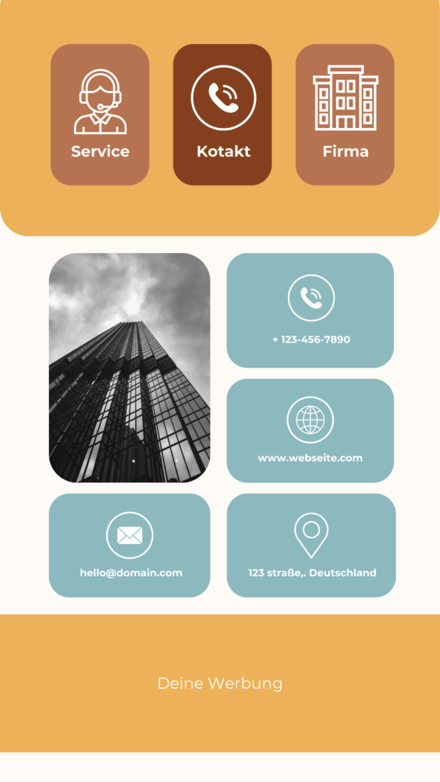 Digitale Visitenkarte mit Icons für Service, Kontakt und Firma sowie Kontaktdaten wie Telefonnummer, Website, E-Mail und Adresse. Design in Orange und Blau